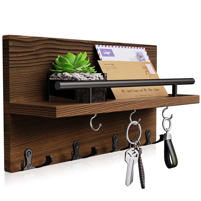 Wooden Key Holder with Shelf&Hooks, Layered Organizer for Categorized Storage, wall set