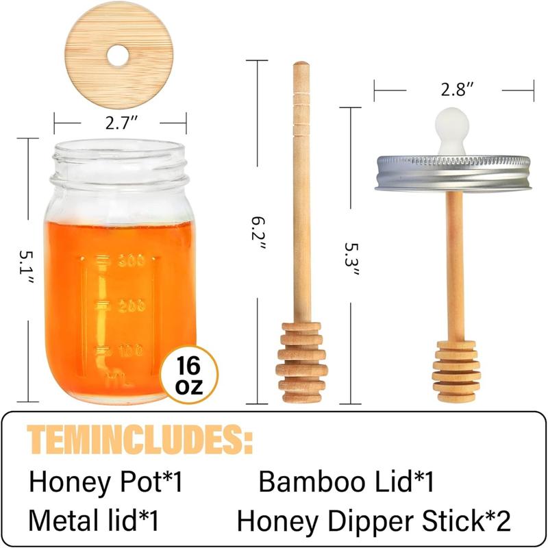 16oz Glass Honey Jar with Dipper,Honey Container with Wooden Honey Dipper,Honey Jars with Lids,Honey Pot Ideal for Honey and Syrup