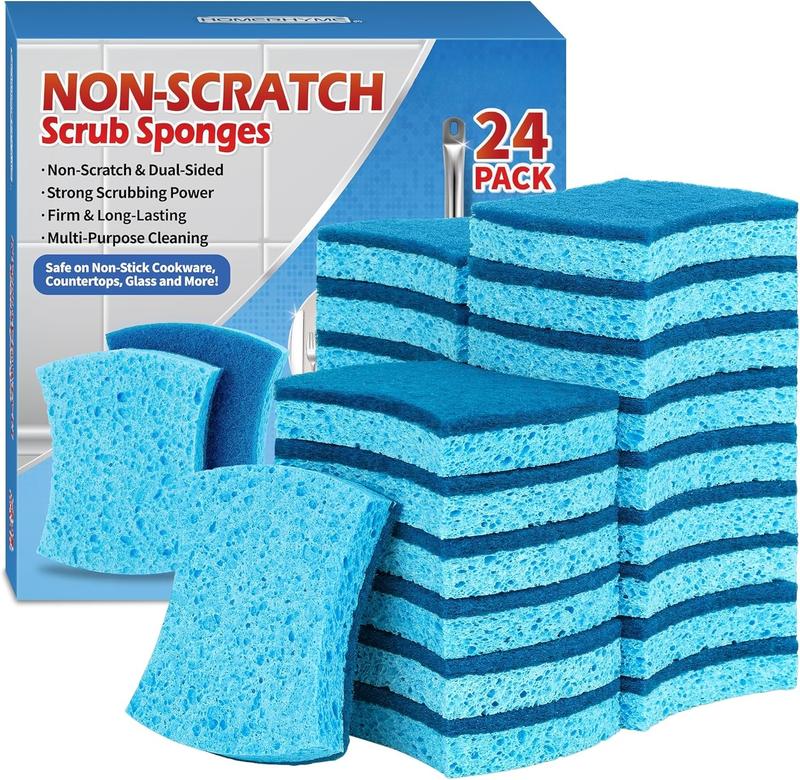 Non-Scratch Cellulose Scrub Sponges 24 Pack, Kitchen Sponge with Double-Side &  Design. Sturdy Sponge for Dishes, Coated Cookware, Sink, Countertops.