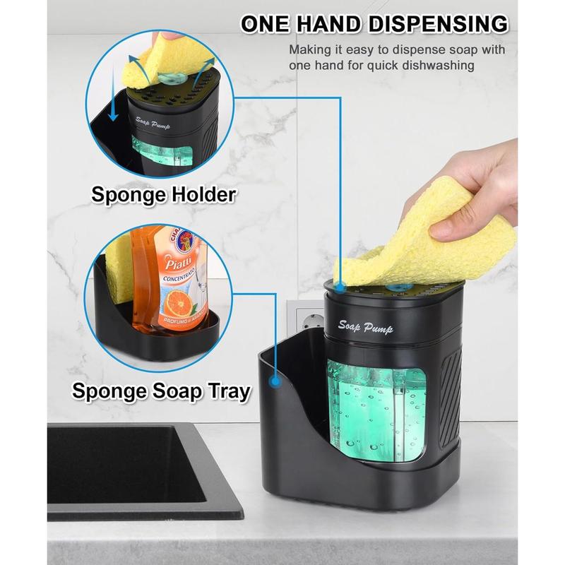 Kitchen Dish Soap Dispenser with Sponge Holder, 3-in-1 Countertop Dishwashing Soap Pump Dispenser Set for Kitchen Sink, Useful Kitchen Gadgets - Black