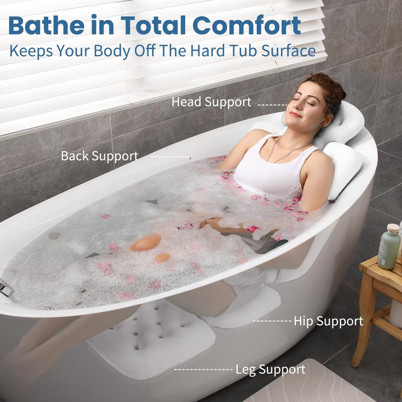 Bathtub Pillow Full Body,Luxury Bath Cushion for Tub with 160 Suction Cups,Bath Mat for Head and Neck Support with Laundry Bag White bath mat Gift