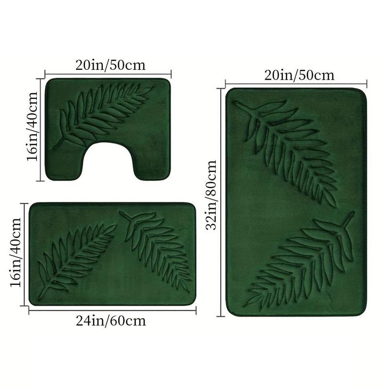 Leaf Pattern Bathroom Mat (3 Counts set), Including 2 Counts Rectangular Mat & 1 Count U-shaped Toilet Mat, Bathroom Supplies