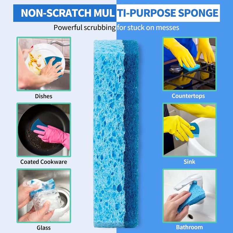 Non-Scratch Cellulose Scrub Sponges 24 Pack, Kitchen Sponge with Double-Side &  Design. Sturdy Sponge for Dishes, Coated Cookware, Sink, Countertops.