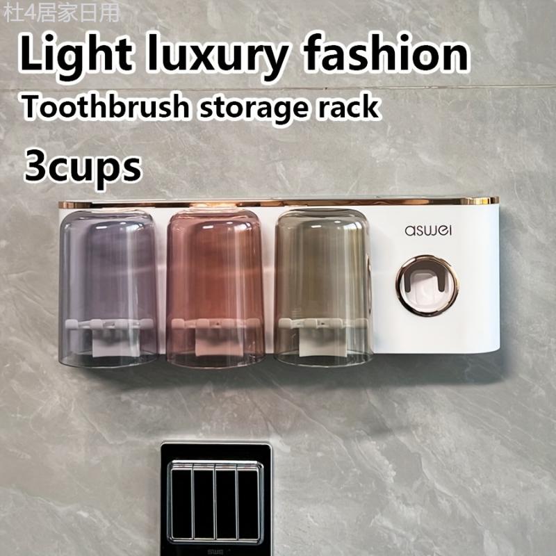 1pc Toothbrush Holder With Cup, Wall Mounted Toothbrush Storage Rack, Punch-free Bathroom Storage Organizer, Bathroom Multifunctional Toothpaste Toothbrush Shelf, Bathroom Accessories