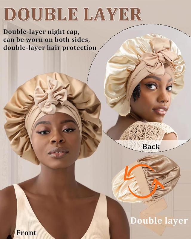 Reversible Satin Bonnet for Sleeping Women Double Layer Hair Bonnet with 2 count Hair Scrunchies Elastic Tie Band Night Cap