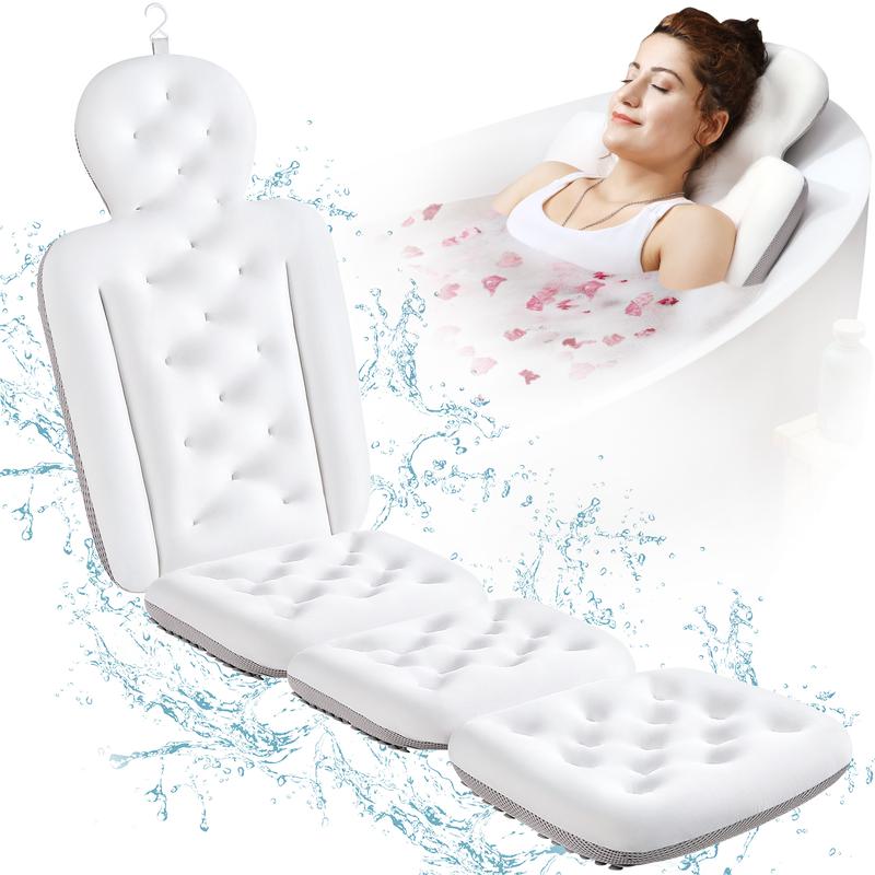 Bathtub Pillow Full Body,Luxury Bath Cushion for Tub with 160 Suction Cups,Bath Mat for Head and Neck Support with Laundry Bag White bath mat Gift