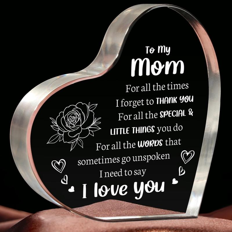 Heart Shaped Acrylic Block, Flower & Letter Pattern Decorative Ornament, Room Decor Inspirational Creative Gift for Mom