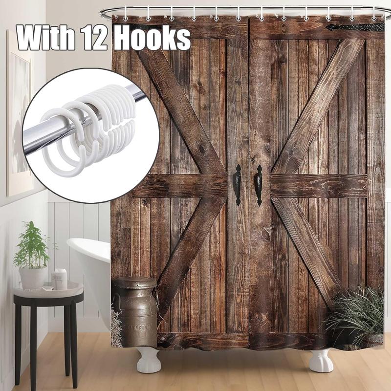 Rustic Barn Door Shower Curtain Vintage Countryside Wood Board Waterproof Fabric Bath Curtain with Hooks 70 x72 inch Set Farmhouse