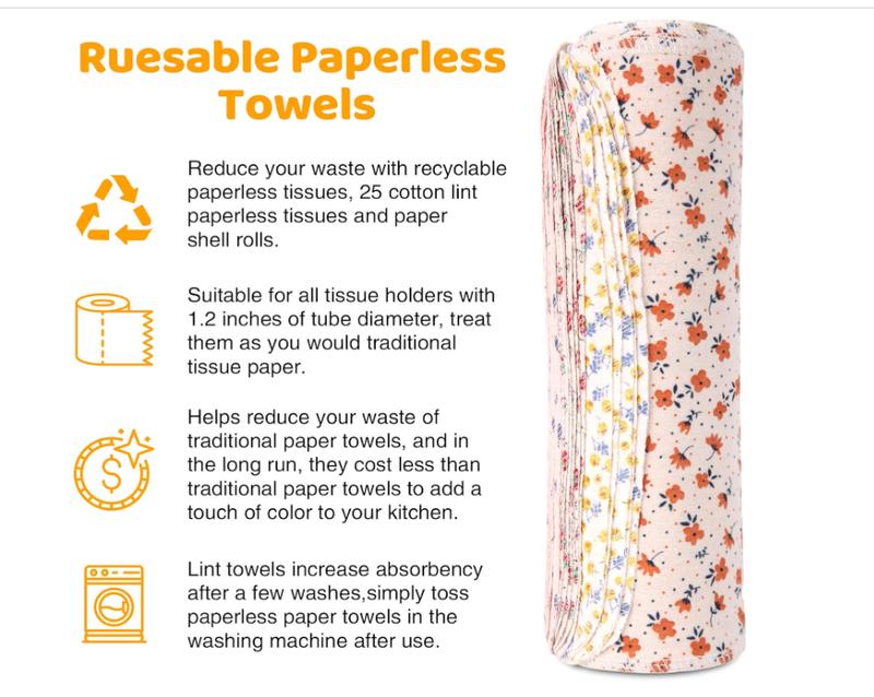 Reusable Paper Towels Roll, 25 Packs Washable Cotton Flannel Paper Towels, w Cardboard Roll, 10 X 10in Super Soft, Absorbent, Fits on All Holders Kitchen Cloths Paper Towels