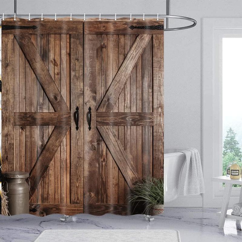 Rustic Barn Door Shower Curtain Vintage Countryside Wood Board Waterproof Fabric Bath Curtain with Hooks 70 x72 inch Set Farmhouse