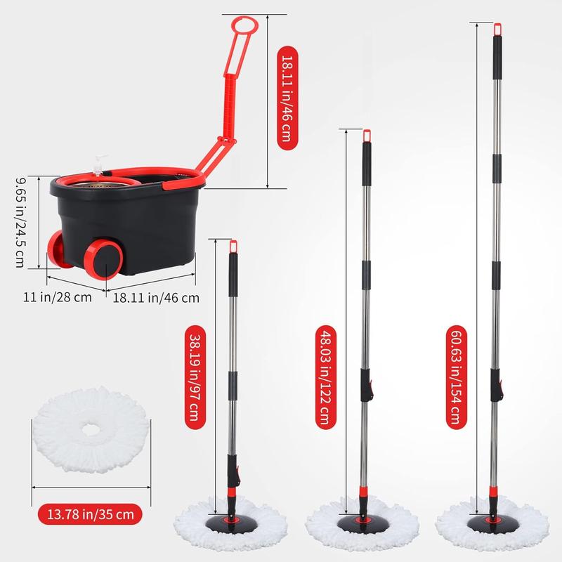 Spin Mop Bucket Set with 2pcs Microfiber Round Replacement Heads, Dragging Rod and Movable Wheels - Home Cleaning Stainless Steel and PP Material