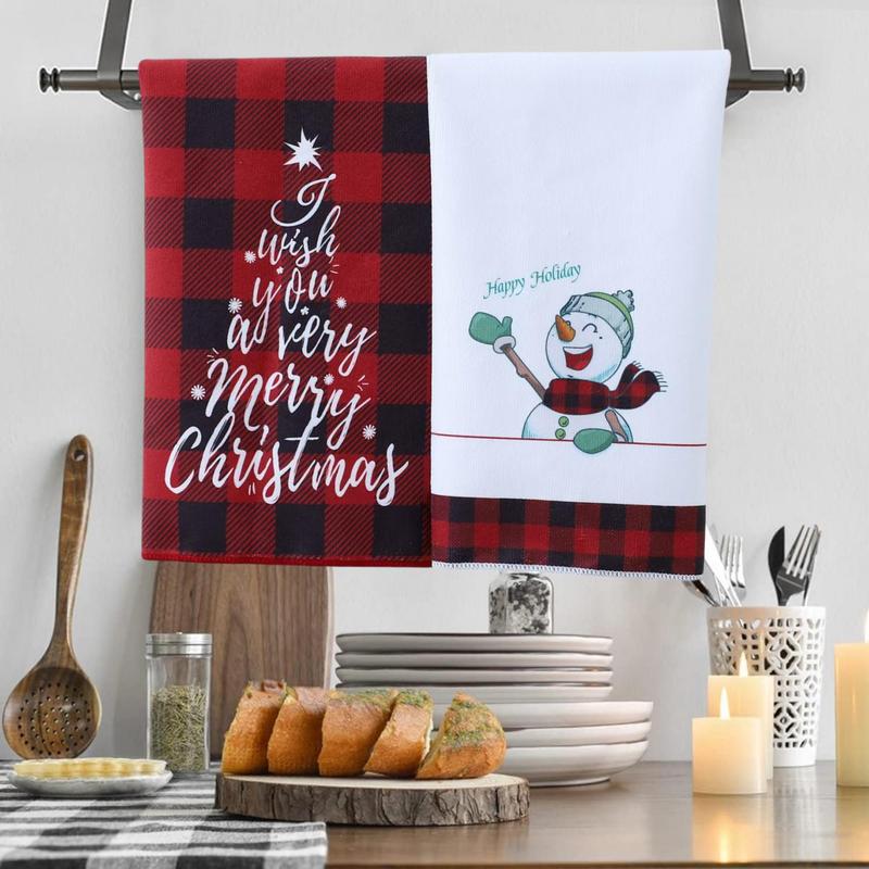 Snowman & Truck & Letter Pattern Kitchen Towel, 2 Counts set Christmas Decor Kitchen Dish Towel, Kitchen Cleaning Towel, Holiday Gift