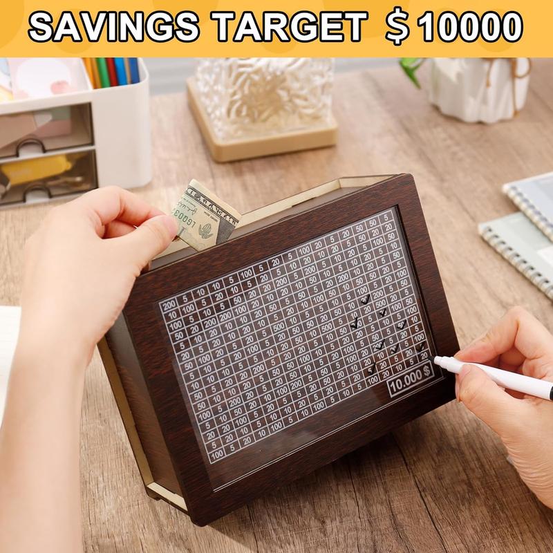 Cash Vault Wooden Savings Box, Wooden Cash Saver Money Box, Cash Coin Retro Money Savings Box with Counter, Saving Challenge Box 10,000, Money Box Kids Adults (Darkbrown)