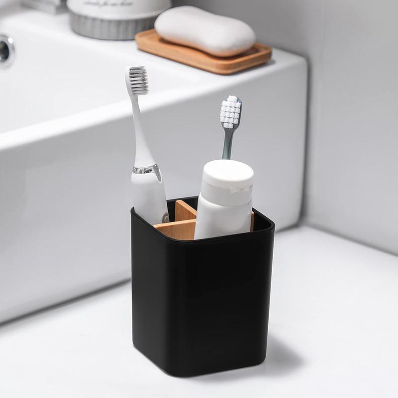 Bamboo Toothbrush Holder for Bathrooms, 3 Slots Toothbrush and Toothpaste Holder Bathroom Counter Organizer for Electric Toothbrushes, Floss, Razors - Black