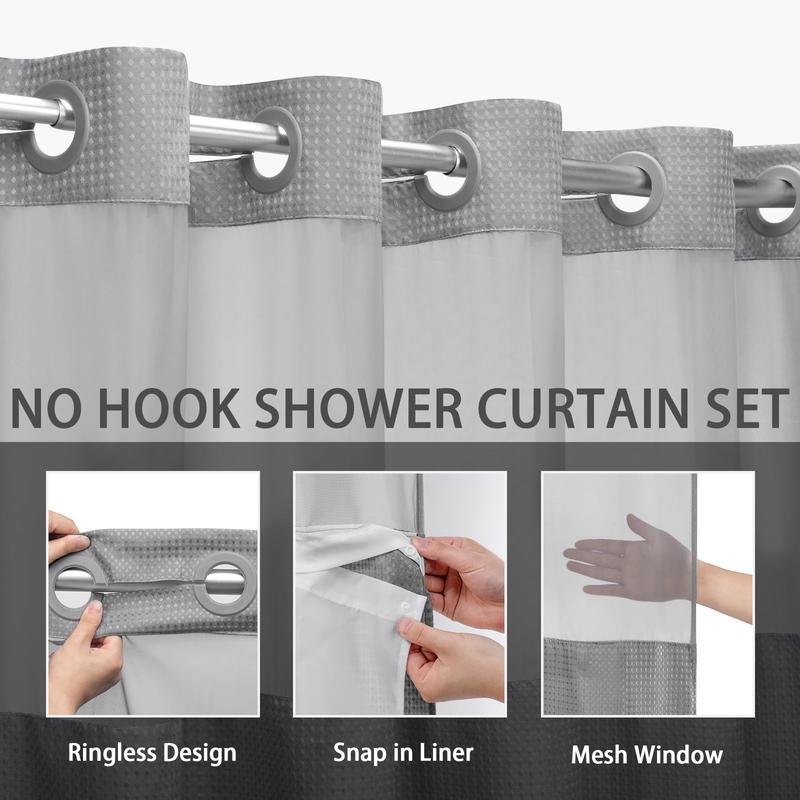 No Hook Shower Curtain with Snap in Liner Set Less Time Grey Waffle Shower Curtain for Bathroom 75