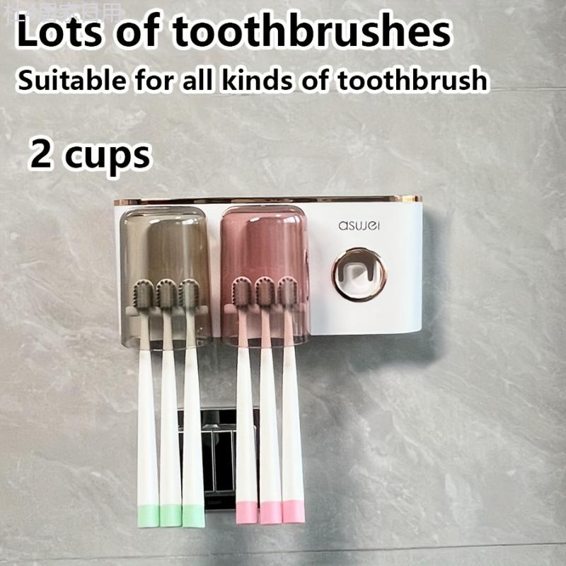 1pc Toothbrush Holder With Cup, Wall Mounted Toothbrush Storage Rack, Punch-free Bathroom Storage Organizer, Bathroom Multifunctional Toothpaste Toothbrush Shelf, Bathroom Accessories