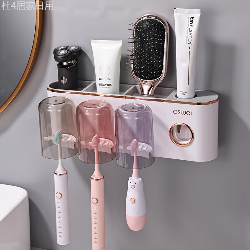 1pc Toothbrush Holder With Cup, Wall Mounted Toothbrush Storage Rack, Punch-free Bathroom Storage Organizer, Bathroom Multifunctional Toothpaste Toothbrush Shelf, Bathroom Accessories