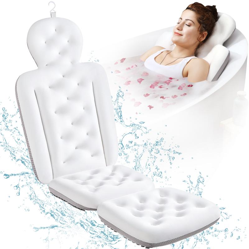 Bathtub Pillow Full Body,Luxury Bath Cushion for Tub with 160 Suction Cups,Bath Mat for Head and Neck Support with Laundry Bag White bath mat Gift