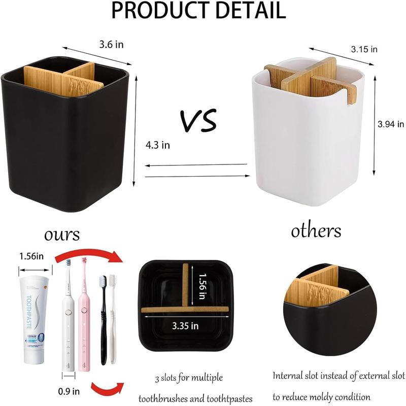 Bamboo Toothbrush Holder for Bathrooms, 3 Slots Toothbrush and Toothpaste Holder Bathroom Counter Organizer for Electric Toothbrushes, Floss, Razors - Black