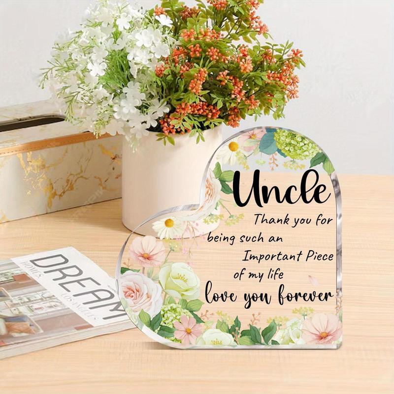 Flowers & Letters Pattern Acrylic Ornament, 1 Count Thank You Heart Shaped Gifts for Uncle, Desk Signs Ornaments for Table Tops