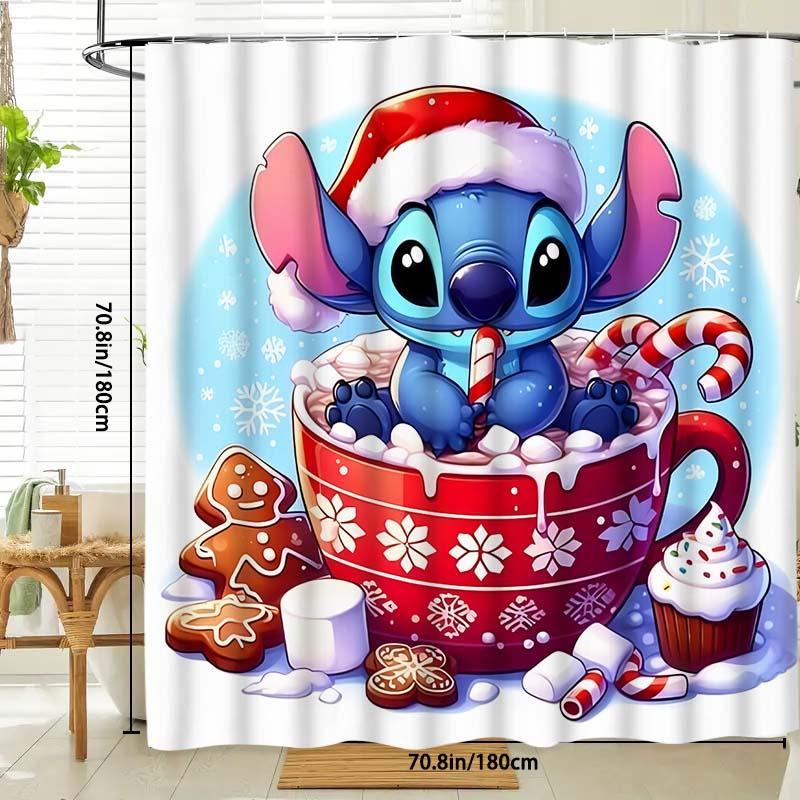 Cartoon Stitch Pattern Shower Curtain, 1 Count Waterproof Shower Curtain with 12pcs Hooks, Bathroom Decor Supplies for Home Hotel Salon Dormitory