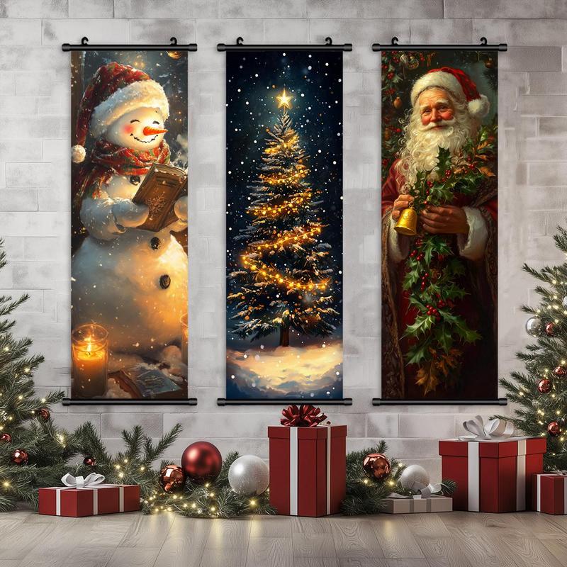 Christmas Themed Hanging Banner, 3 Counts set Santa Claus & Christmas Tree Pattern Wall Decor, Wall Art for Home Living Room Bedroom Decor