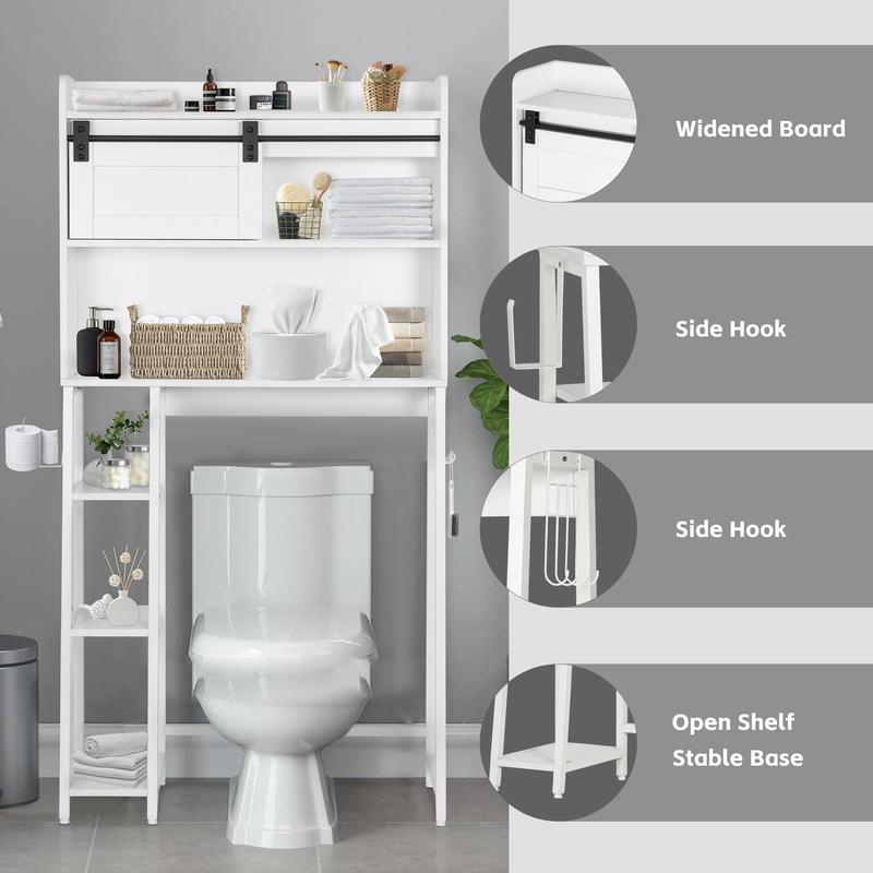 SULIVES Over The Toilet Storage with Cabinet, Sliding Barn Door, Side Storage Open Rack, Mass-Storage Over Toilet with Hooks Bathroom Organizer for Bathroom, Restroom, Laundry, White