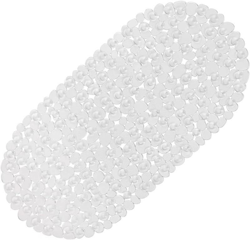 Pebbles Bath Mat Clear Non-Slip Bathtub Mat with Suction Cups, Drain Holes for Bathroom Showers, Tub, Machine Washable, BPA, Latex Free Safe Shower Mats, Oval 27 x 14 Inch