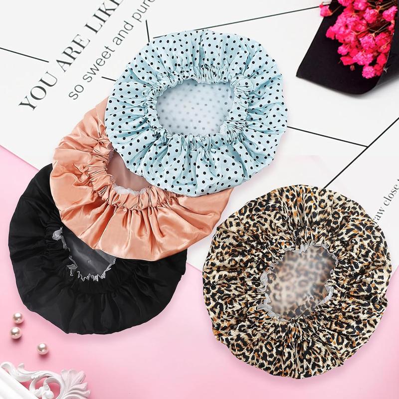 4 Pack Reusable Waterproof Shower Caps for Women with Toiletry Bag - Large Hair Shower Cap Set for Long Hair, Hair Protection Double Waterproof Layers Bath Hat