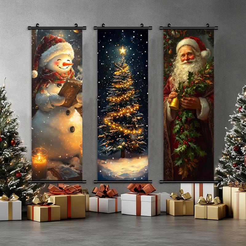 Christmas Themed Hanging Banner, 3 Counts set Santa Claus & Christmas Tree Pattern Wall Decor, Wall Art for Home Living Room Bedroom Decor