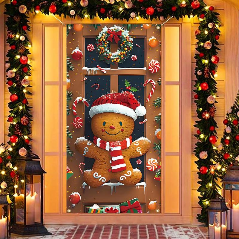 Gingerbread Man Pattern Door Cover, 1 Count Christmas Themed Door Decoration, Door Hanging Decoration for Home Living Room Bedroom, Home Decor