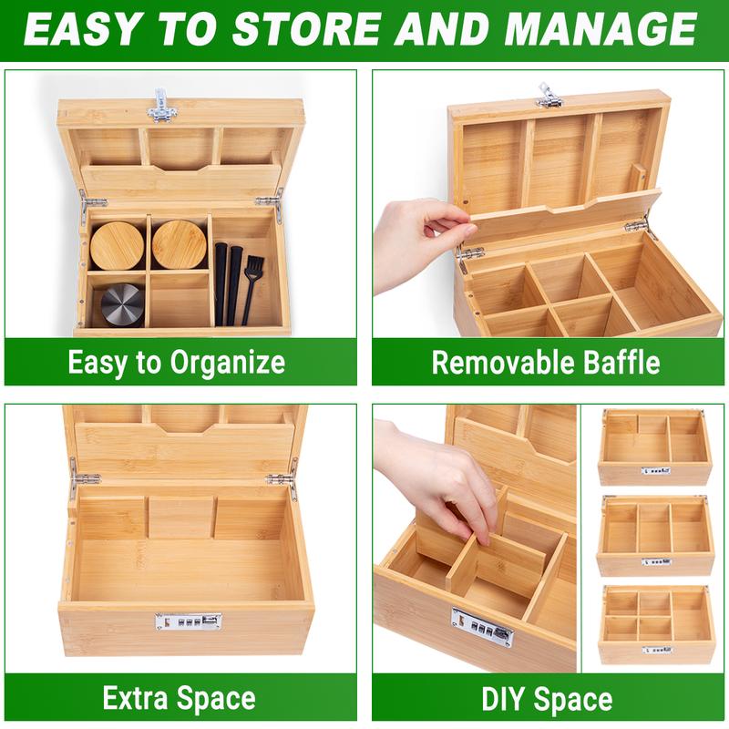 Large Bamboo Storage Box with Lock - Glass Jars Tray Set Wooden Boxes, Decorative Storage with Lid, Locking Wood Box for Home Storage | Accessories Organizer