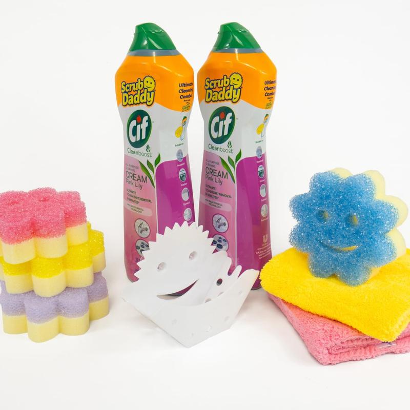 Scrub Daddy Cleaning Supplies Kit - Cif Floral Bundle - Includes Scrub Mommy Dish Sponges, Microfiber Towels, Kitchen Sink Caddy & Cif Cream All Purpose Cleaner, Pink Lilly (9 Count) Scrub Daddy