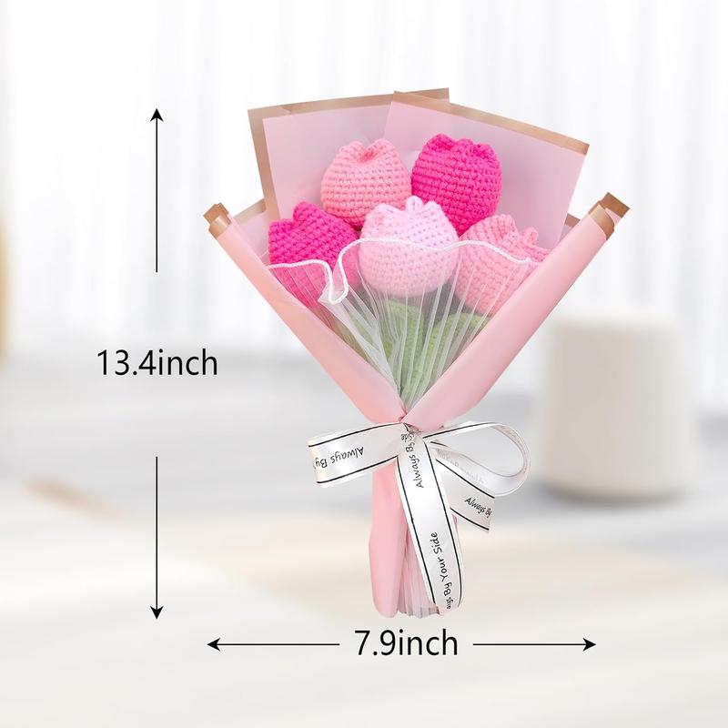 Crochet Tulip Flower Bouquet, Handmade Knitted Artificial Tulip Flowers, Gift for Mom Wife Women(Pink)