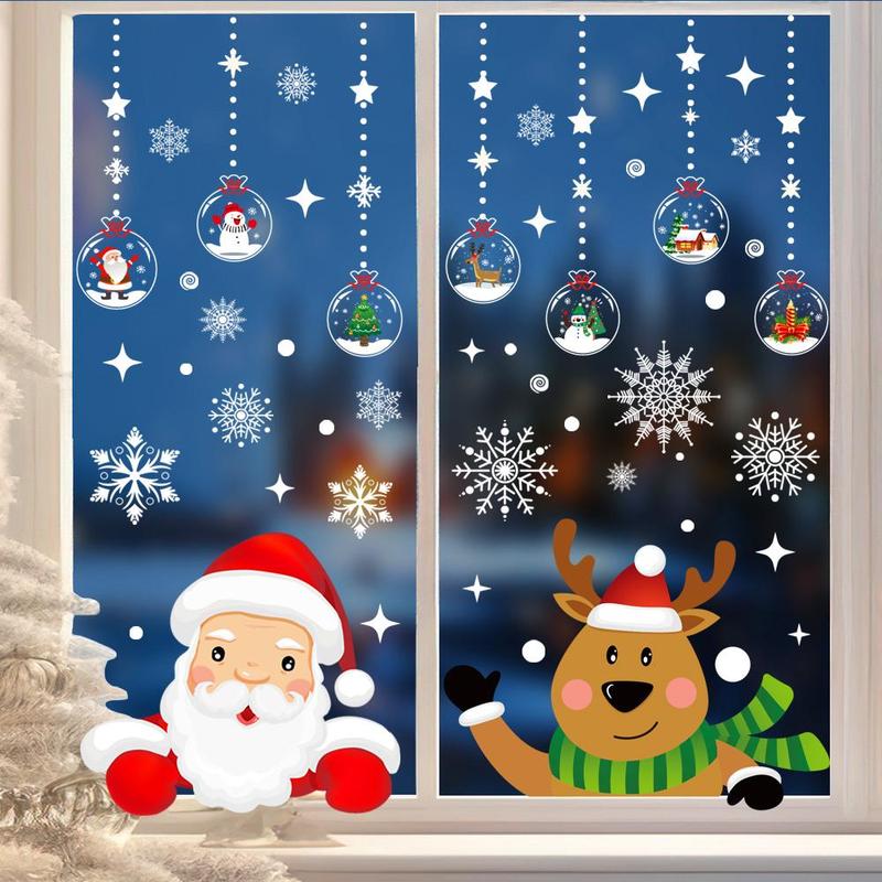 Christmas Window Sticker, 1 Set Santa Claus & Reindeer Pattern Window Decal, Window Decoration for Home Party Festival