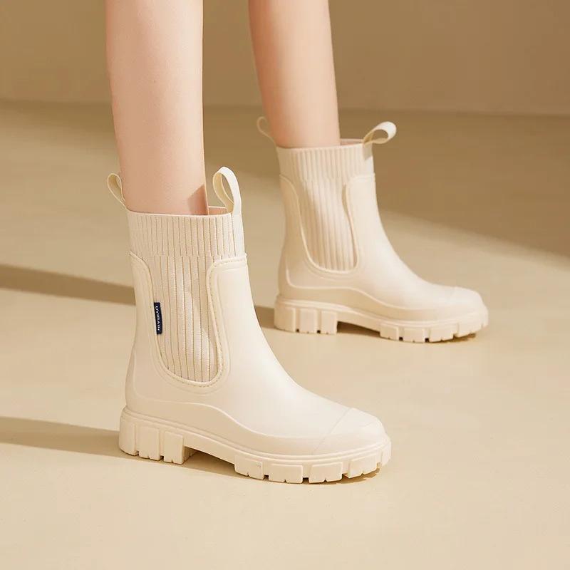 Boots Shoes Solid Mid Calf Shallow Pvc Round Toe Women's Rain Shoes Rain Boots Platform Women Waterproof Boots Markdown Sale