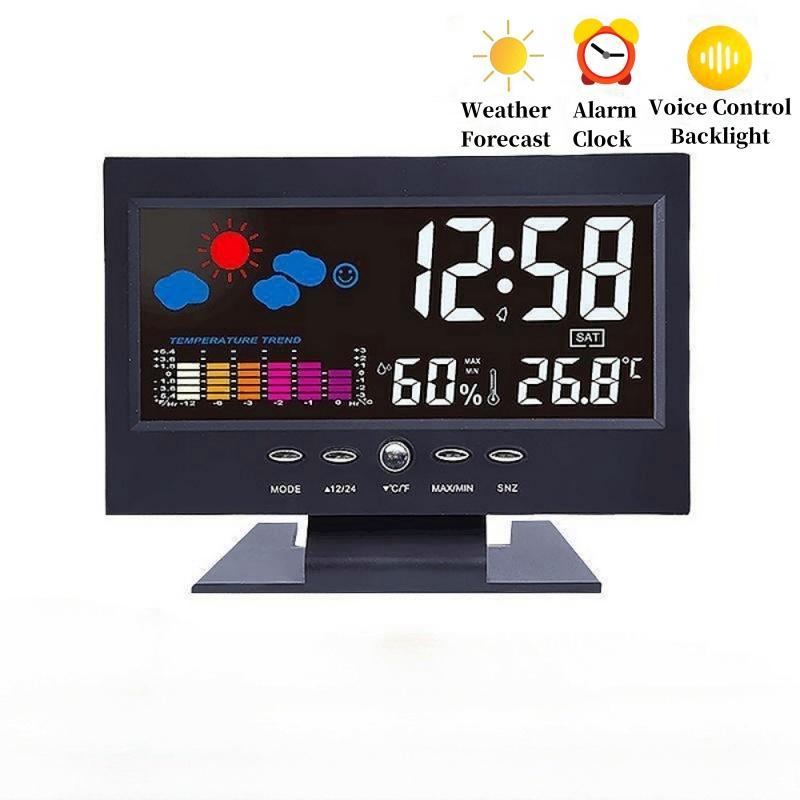 USB Powered Voice Control Digital Weather Clock, Electronic Clock without Battery, Alarm Clock with Temperature Humidity Weather Forecast, Home Decor Supplies