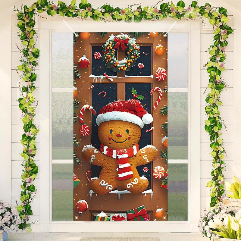 Gingerbread Man Pattern Door Cover, 1 Count Christmas Themed Door Decoration, Door Hanging Decoration for Home Living Room Bedroom, Home Decor