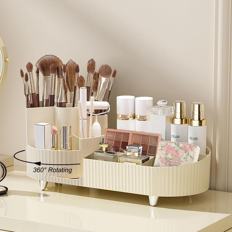 [Fast Delivery] Makeup Organizer Countertop Rotating Makeup Organizer for Vanity Large Capacity Cosmetic Display Case with Makeup Brush Holder Cosmetic Organizer Countertop（Cream）