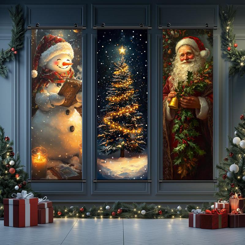 Christmas Themed Hanging Banner, 3 Counts set Santa Claus & Christmas Tree Pattern Wall Decor, Wall Art for Home Living Room Bedroom Decor