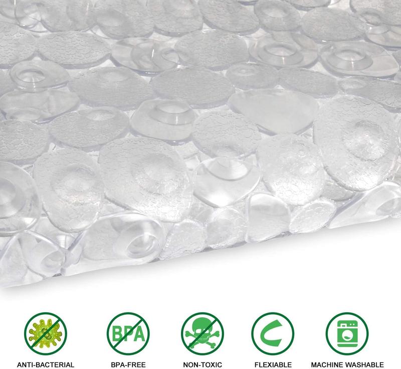 Pebbles Bath Mat Clear Non-Slip Bathtub Mat with Suction Cups, Drain Holes for Bathroom Showers, Tub, Machine Washable, BPA, Latex Free Safe Shower Mats, Oval 27 x 14 Inch