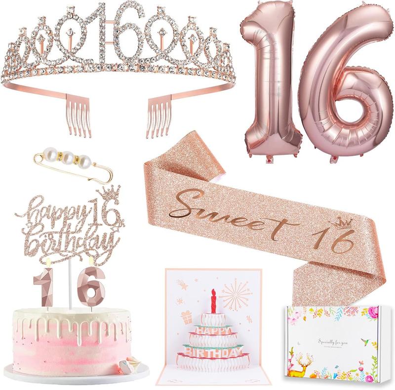 8pcs Sweet 16 Birthday Decorations for Girls, Including 16th Happy Birthday Cake Toppers, Birthday Queen Sash with Pearl Pin, Sweet Rhinestone Tiara Crown, Number Candles and Balloons Set, Rose Gold