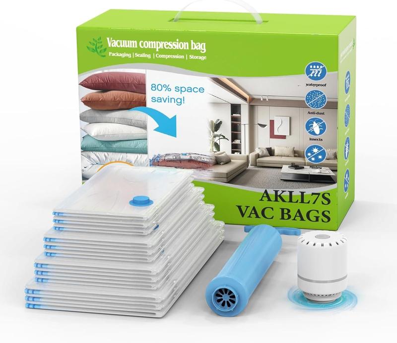 Vacuum Storage Bags-AKLL7S, Space Saver Bags with Electric Air Pump&Hand Pump, Vacuum Sealer Bag for Clothes, Comforters, Travel Organiser Compression