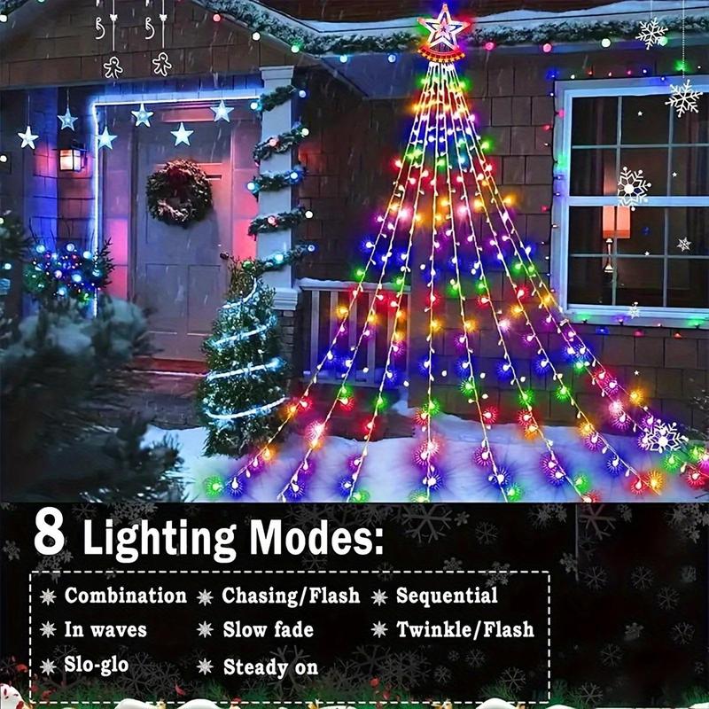 Solar Powered Christmas Tree Light, Star Shower Curtain Hanging Light, Outdoor Decorative Light for Garden, Yard, Terrace