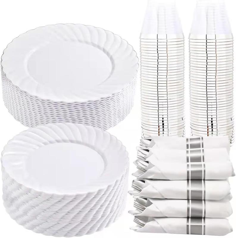 Wellife 350PCS Gold Rose Gold Plastic Plates-Disposable   Perfect for Wedding ,Parties,Thanksgiving  Plastic Plates include 100Plates, 50 Pack Pre Rolled Napkins with Silver Plastic Silverware and 50Cups