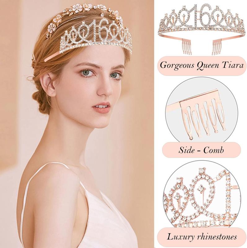 8pcs Sweet 16 Birthday Decorations for Girls, Including 16th Happy Birthday Cake Toppers, Birthday Queen Sash with Pearl Pin, Sweet Rhinestone Tiara Crown, Number Candles and Balloons Set, Rose Gold