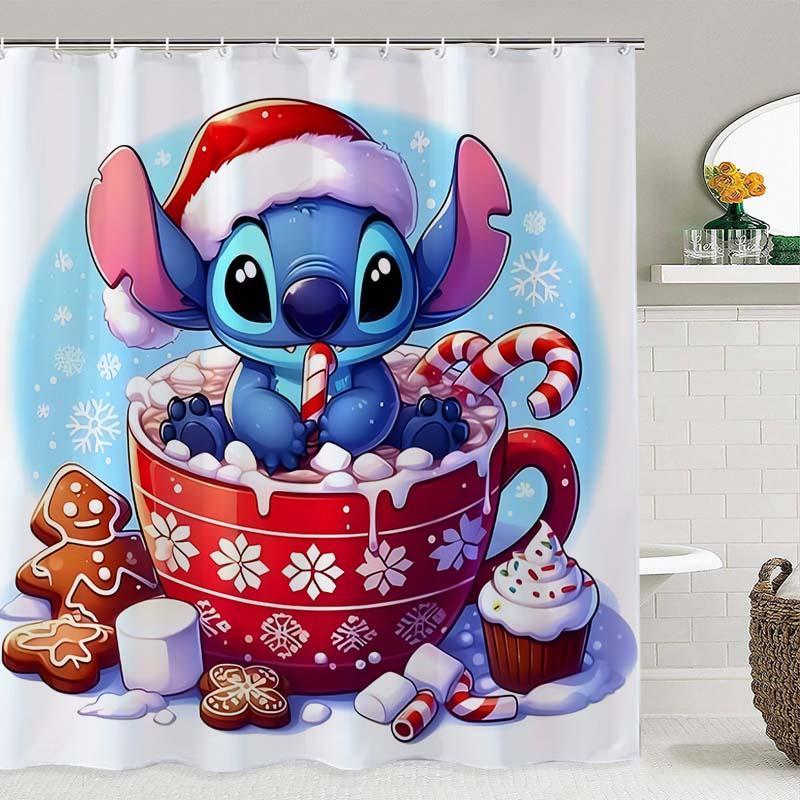 Cartoon Stitch Pattern Shower Curtain, 1 Count Waterproof Shower Curtain with 12pcs Hooks, Bathroom Decor Supplies for Home Hotel Salon Dormitory