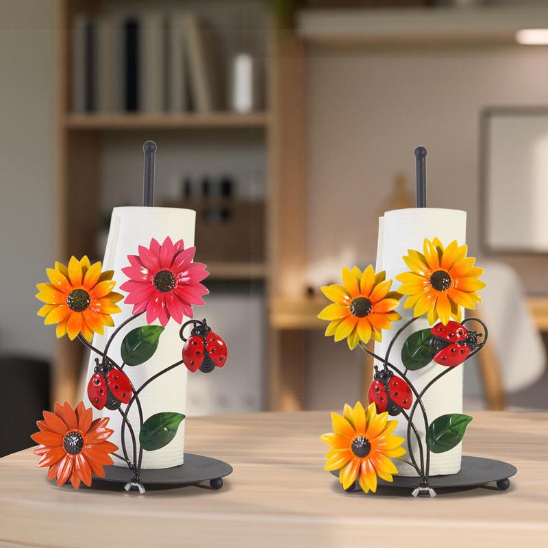 Sunflower & Ladybug Design Paper Towel Holder, 1 Count Iron Paper Towel Storage Rack, Kitchen Storage Organizer for Home Dining Room Picnic Decor