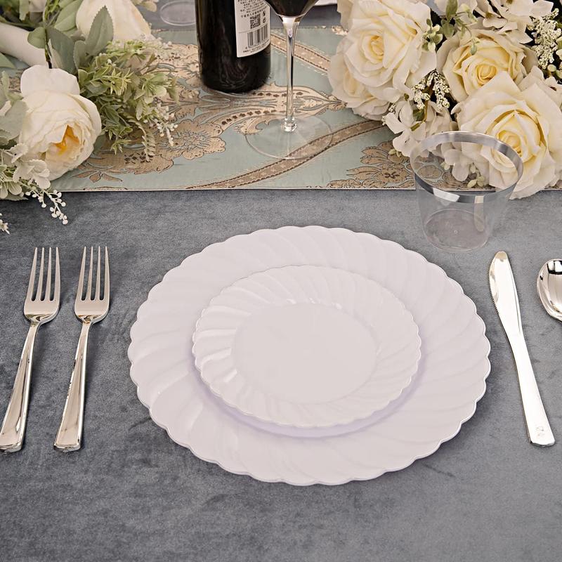 Wellife 350PCS Gold Rose Gold Plastic Plates-Disposable   Perfect for Wedding ,Parties,Thanksgiving  Plastic Plates include 100Plates, 50 Pack Pre Rolled Napkins with Silver Plastic Silverware and 50Cups