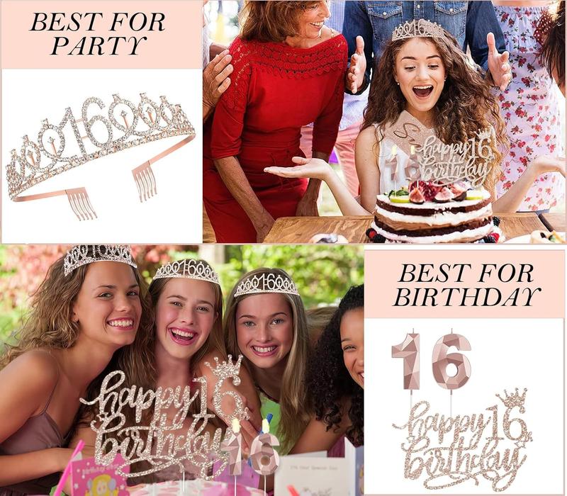 8pcs Sweet 16 Birthday Decorations for Girls, Including 16th Happy Birthday Cake Toppers, Birthday Queen Sash with Pearl Pin, Sweet Rhinestone Tiara Crown, Number Candles and Balloons Set, Rose Gold